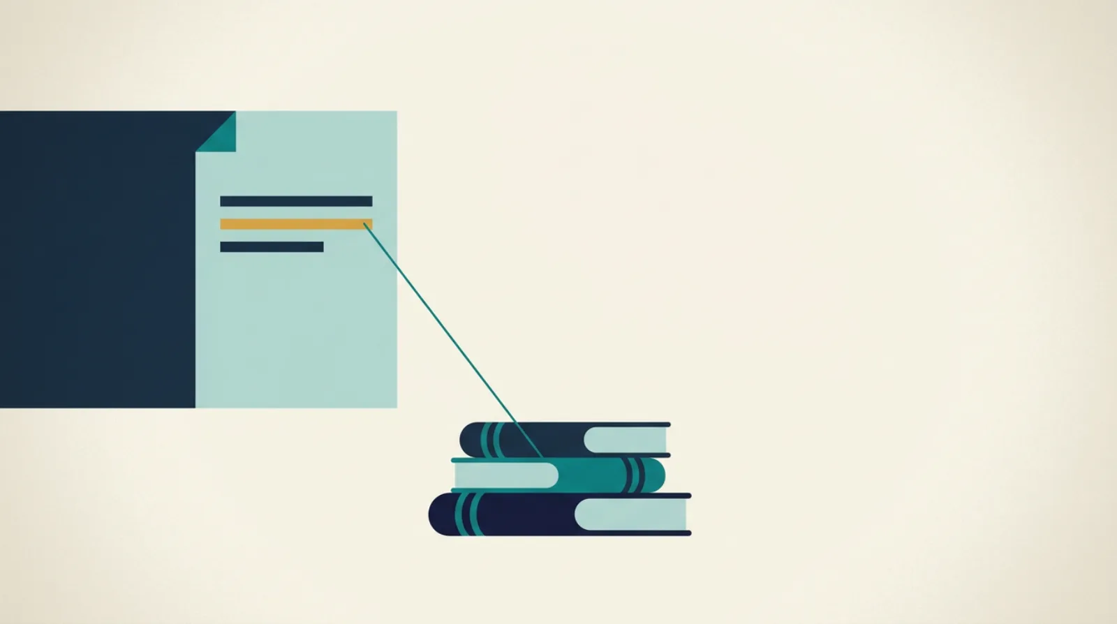 A document with one highlighted line, joined by a thin teal thread to a small stack of books.