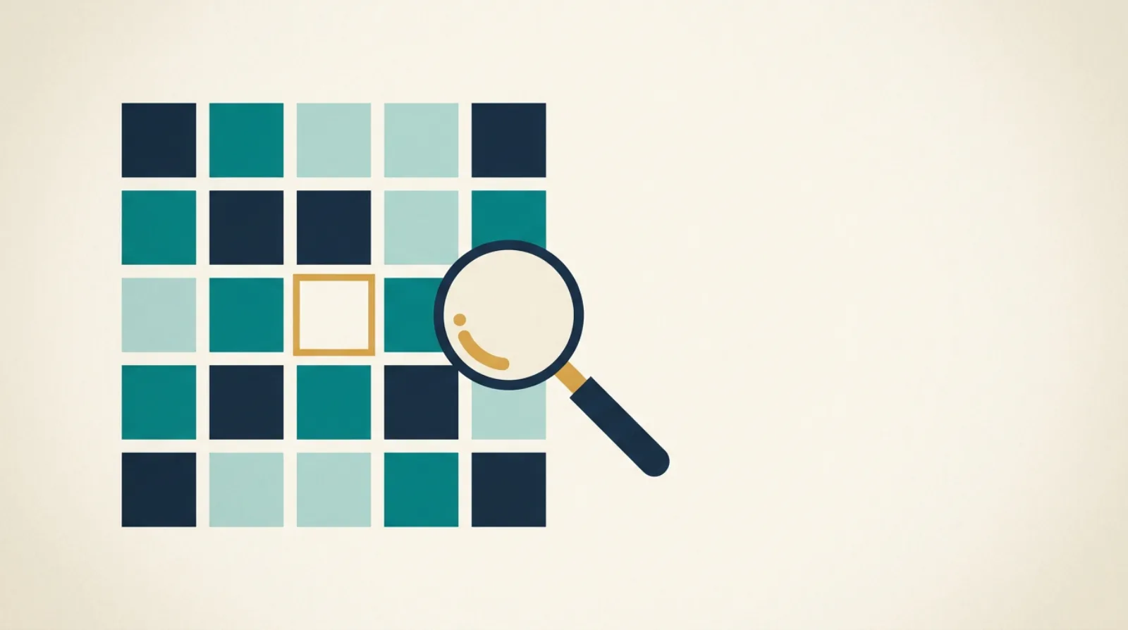 A grid of navy and teal tiles with one empty, amber-outlined tile under a magnifying glass.
